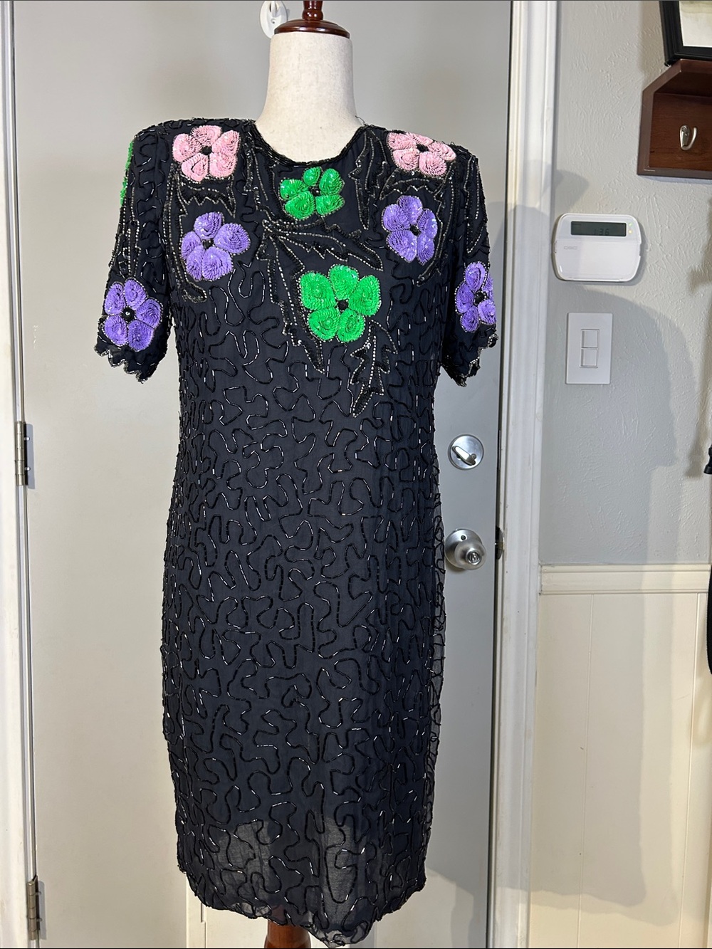 Vintage 90's Black Beaded Dress, Floral Sequin Appliqué, Midi Cocktail Dress